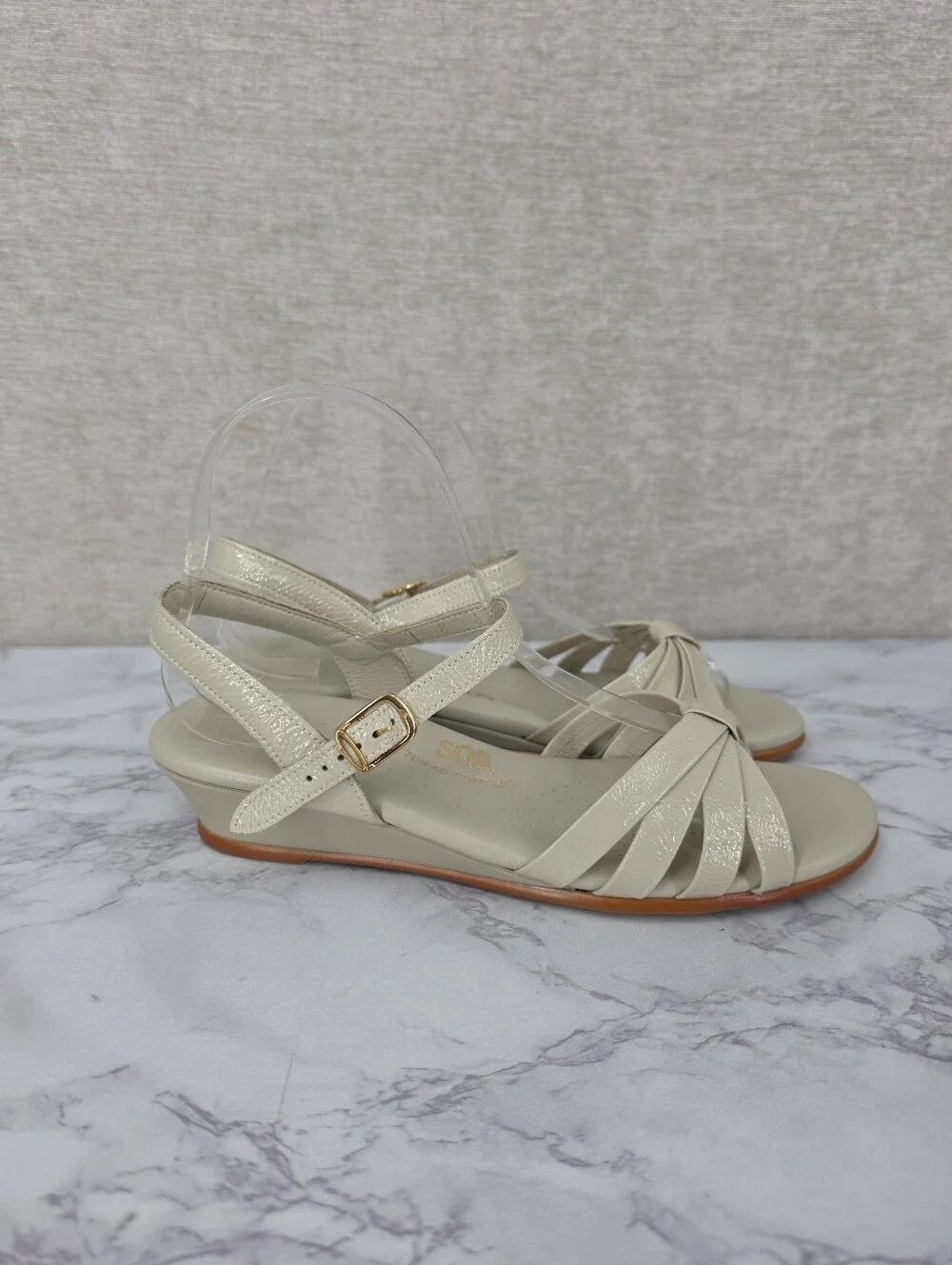 SAS Strippy Quarter Strap Wedge Strappy Slingback Sandals in Bone Patent Leather